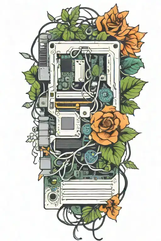 motherboard, computer, flower, vine tattoo design idea