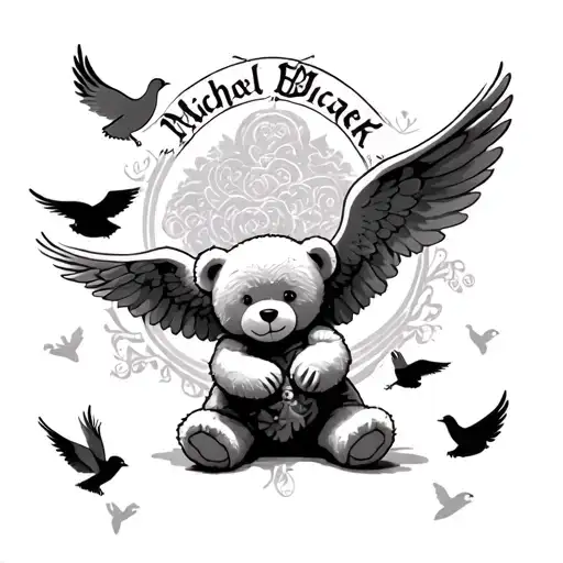 teddy bear under the protection of guardian angels, blessing, doves around, name Michael tattoo design idea