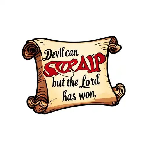 "devil can scrap but the lord has won" written on a scroll tattoo design idea