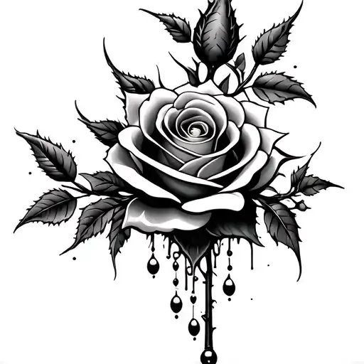 Roses climb down with sharp thorns dripping mandalas and beads and curving around the stem of the rose is a vip tattoo design idea