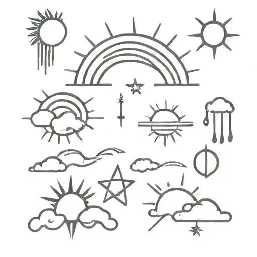 symbols: sun, stars, rainbow, cloud, flower, raindrop and lighting tattoo design idea