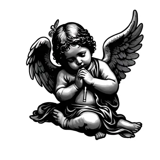 praying baby angel wings holding cross tattoo design idea