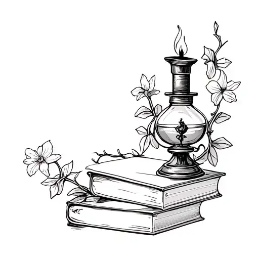 Antique oil lamp with flame on stack of 3 books. Ivy and daffodils decorating books. tattoo design idea