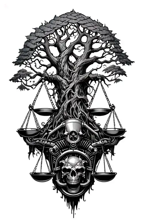midevil tree of life and v-twin engine, libra scales, intertwined tattoo design idea