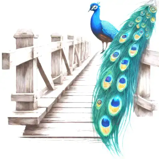 black and white wooden bridge with colorful peacock feather  tattoo design idea
