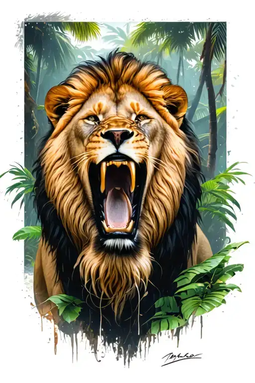 a lion roaring with a jungle in the background.  tattoo design idea