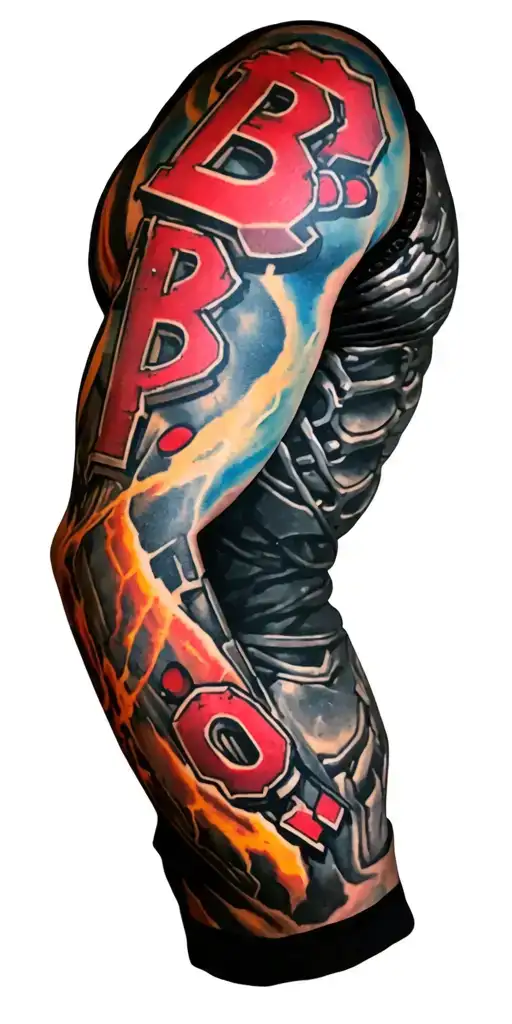 "B.B.P.O." "B.B.P.O." biomechanical arm sleeve tattoo design idea