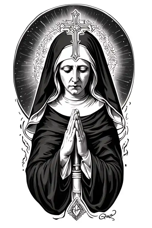 A praying nun with a cross and lust. Black and white on the forearm tattoo design idea