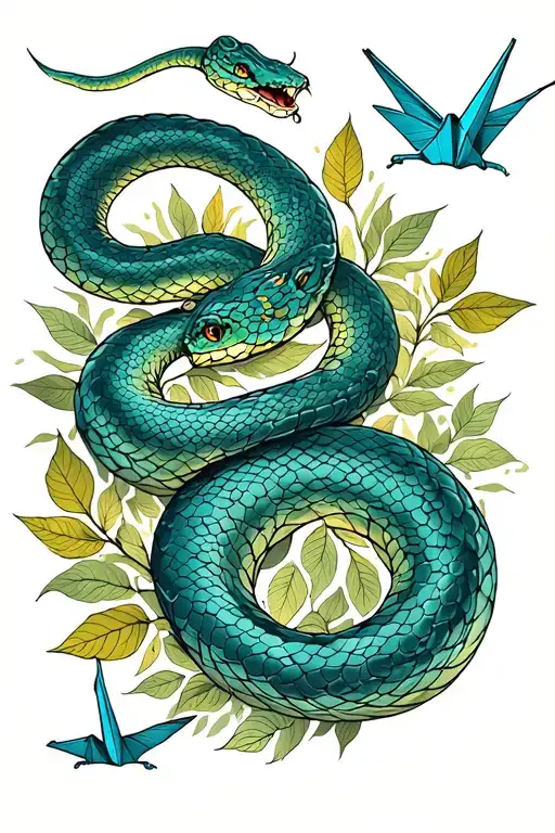ethereal snake with paper cranes bordered by leaves tattoo design idea