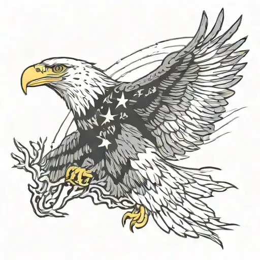 bald eagle flying with trees an American flag in the background tattoo design idea