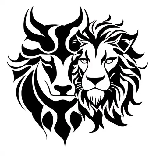Please draw wrap arouna design of 2 separate zodiac signs, a taurus and lion zodiac sign in maori style with soft lines. tattoo design idea