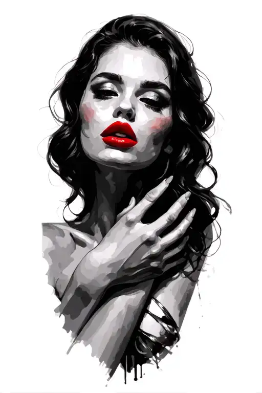 sketch female face red lips hands over chest tattoo design idea