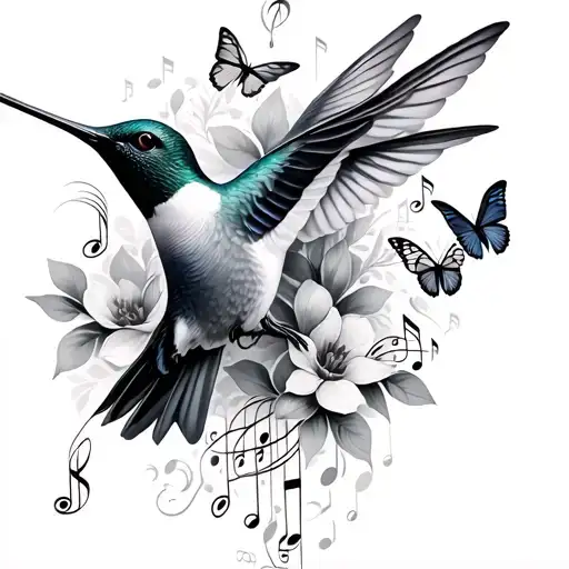 hummingbirds butterflies and music notes tattoo design idea