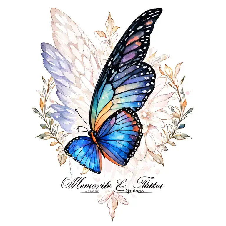 memorial tattoo one wing watercolour butterfly other wing is black angel wing and the butterflys spine is cursive name tattoo design idea