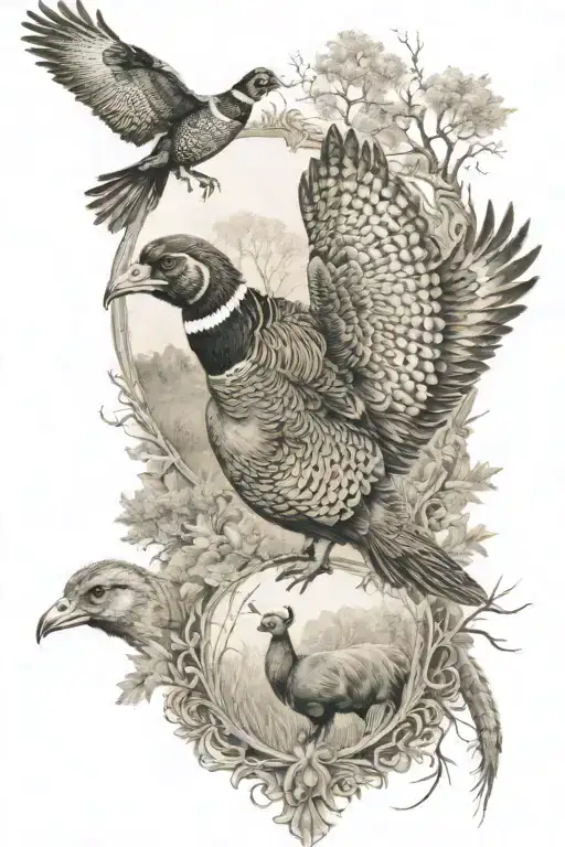 pheasant deer and turkey hunting scene tattoo design idea