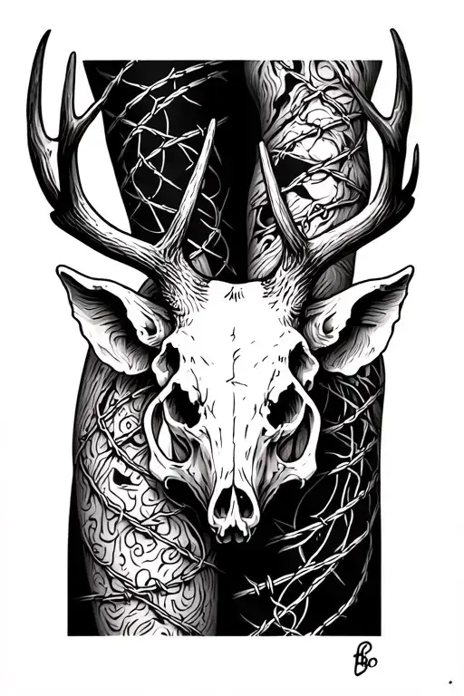 deer skull and pig skull with barb wire going down the arm tattoo design idea