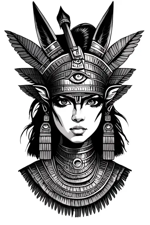 Aztec Warrior Girl With Technology With Egyptian God Anubis, Inka Symbolism, All Seing Eye tattoo design idea