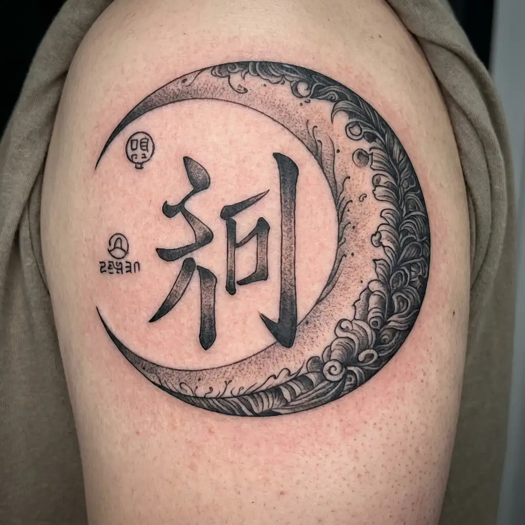 Fine line tattoo design concept. A delicate, thin black line crescent moon on a plain white background. The Korean text  tattoo design idea