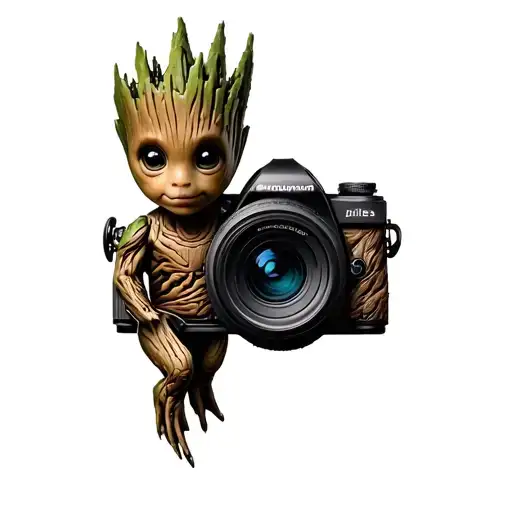 Baby Groot and Camera tattoo design idea