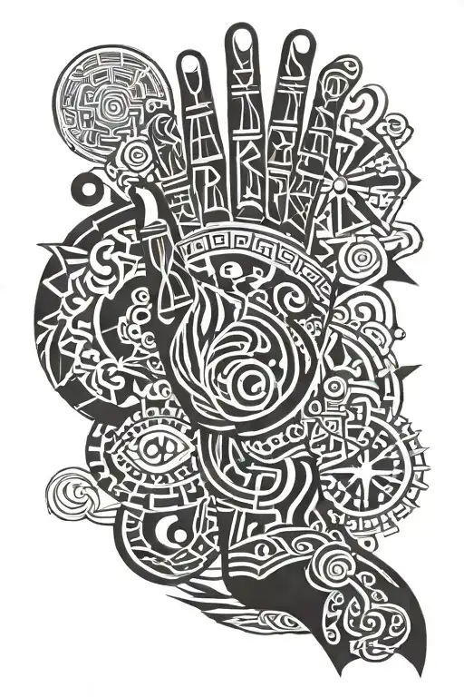 "think local move international" with prayer hands on sleeve tattoo design idea