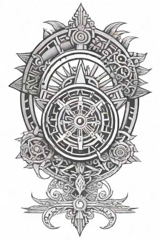 Aztec and bicycle wheel intertwined tattoo design idea