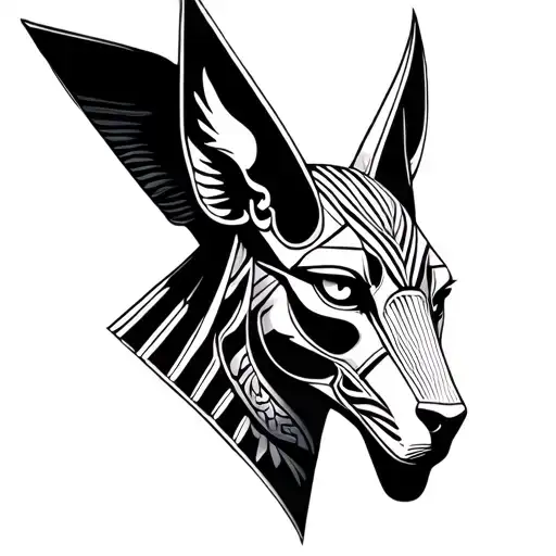 hyper realistic forward facing Anubis head decorative lines within face white out eyes  tattoo design idea