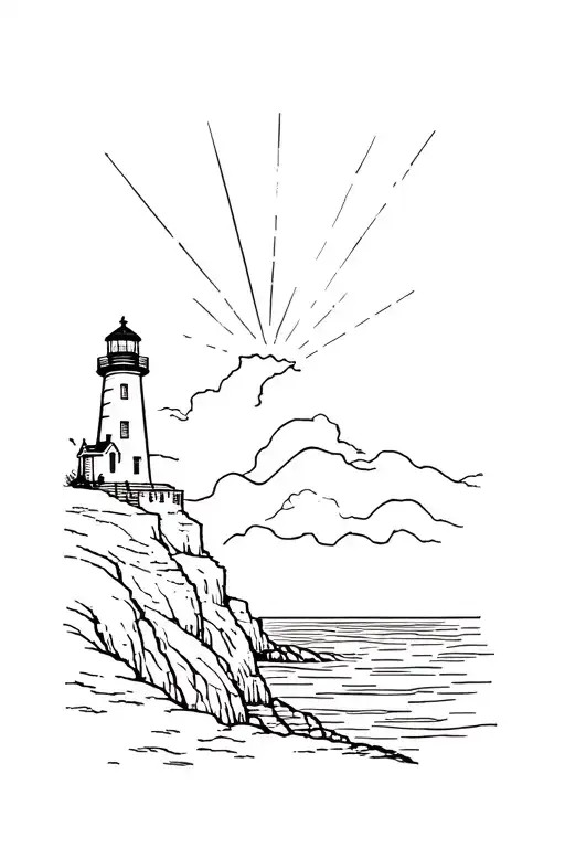 a lighthouse on a cliff edge overlooking a slightly wavy see and projecting its light on it tattoo design idea