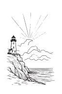 a lighthouse on a cliff edge overlooking a slightly wavy see and projecting its light on it tattoo design idea