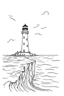 a lighthouse on a cliff edge overlooking a slightly wavy see and projecting its light on it tattoo design idea