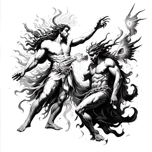 A tattoo depicting a god and demon engaged in a cosmic battle, symbolizing the eternal struggle between light and dark tattoo design idea