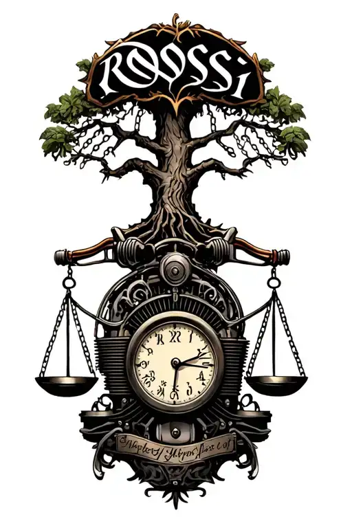 "Rossi " "Rossi " "Rossi " "Rossi " harley knuckleheads engine, tree of life, libra scales, time intertwined tattoo design idea