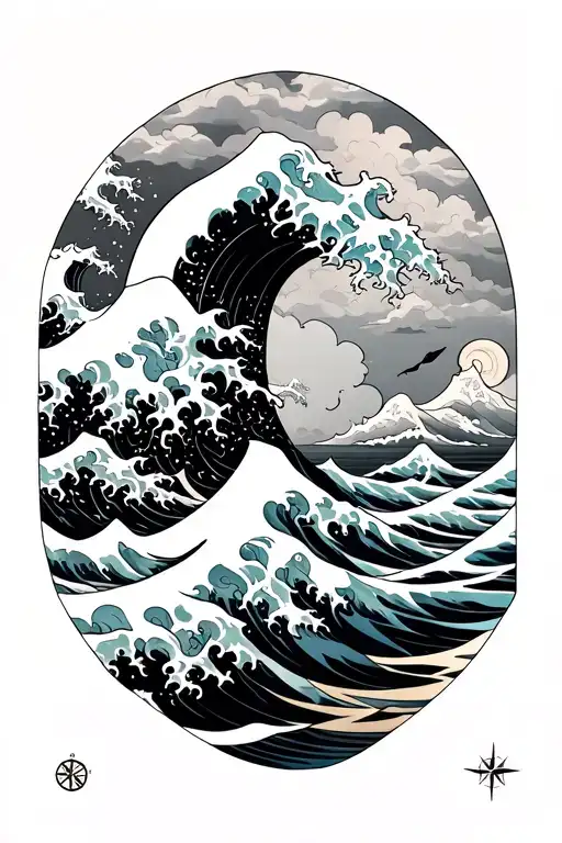 great wave of kanagawa with compass tattoo design idea