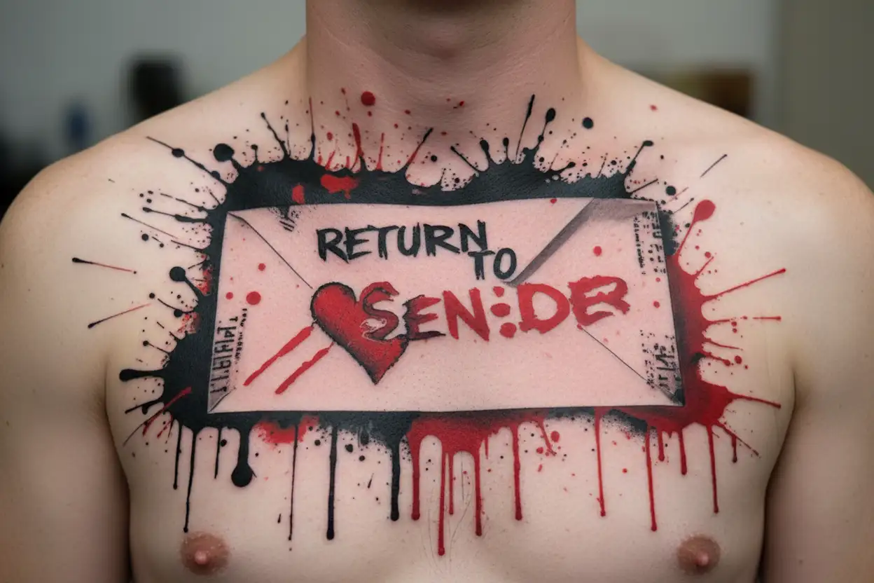 "Return to sender" "Return to sender" evolope with brokenheart inside that is  crumpled wrinkley dirty love not welcome unrequited love  tattoo design idea