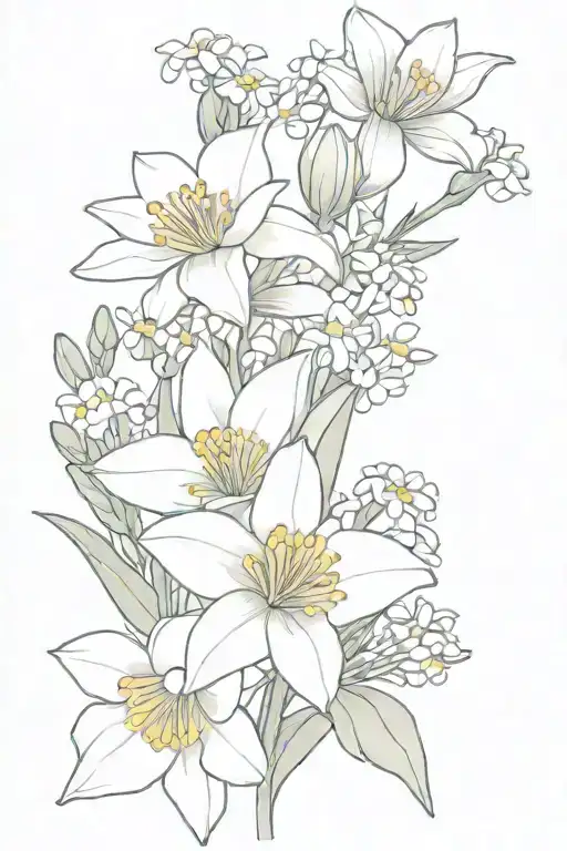 bouquet with chamomile, daffodil, aster, lily of the valley tattoo design idea