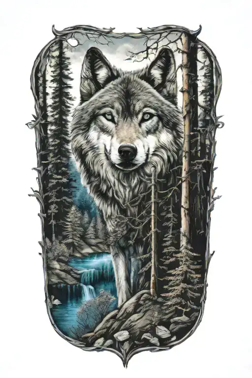 wolf blue eyes howling forest landscape tattoo design idea