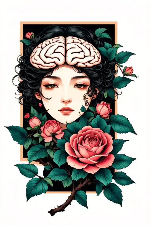 rose branch with brain adhd  tattoo design idea
