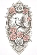 circle ring of several small roses around a center flourish design with a perched dove, wings folded tattoo design idea