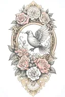 circle ring of several small roses around a center flourish design with a perched dove, wings folded tattoo design idea
