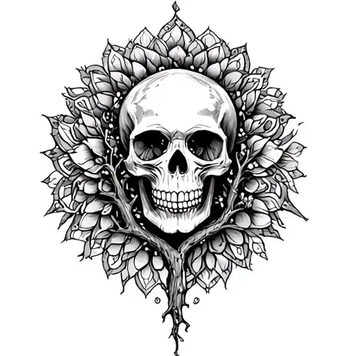 back tattoo with scull in the middle and tree of life around it soft with mandala tattoo design idea