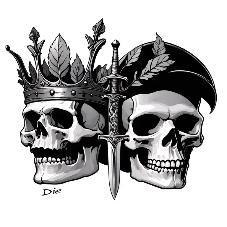 skull pirced by sword piercing crown made of leavs intertvine with text die with a smile tattoo design idea
