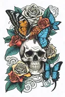 skull and roses and butterflies tattoo design idea