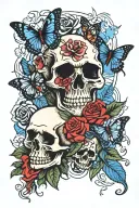 skull and roses and butterflies tattoo design idea