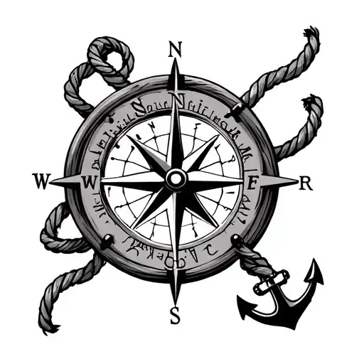 A nautical compass with the word faith instead of north. Have a rope wrapping around it and its connected to an anchor tattoo design idea