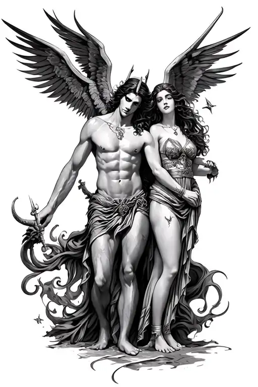 greek god dark side leg sleeve with hades and woman tattoo design idea