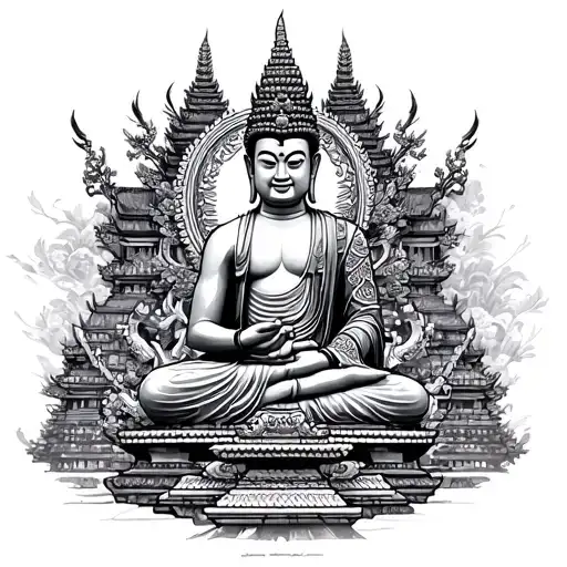 Thai warrior and temple with buddah statue tattoo design idea