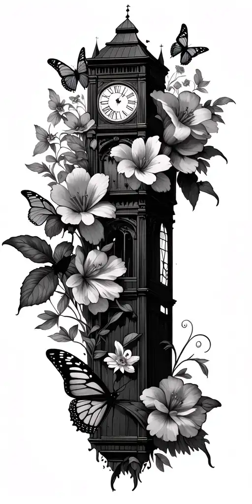 butterflies, flowers, clock tower surrounded by flowers tattoo design idea