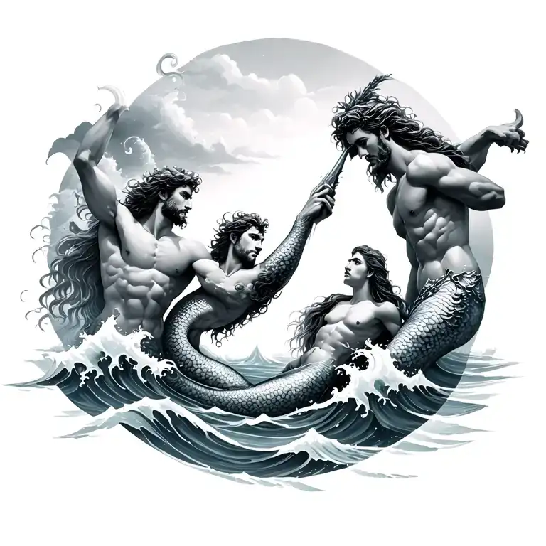 Poseidon with mermaids in ocean waves tattoo design idea