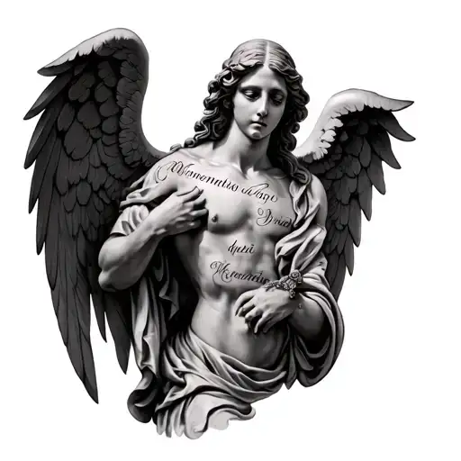 realistic biblically accurate angel wrapping on bicep with written under memento mori tattoo design idea