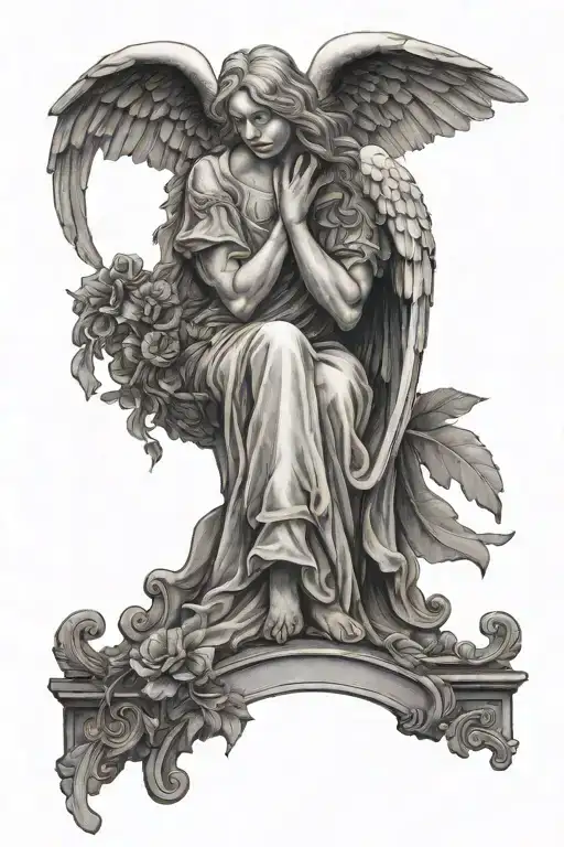 crying angel holding tombstone tattoo design idea