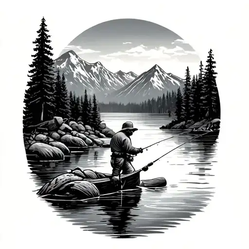 fishing on a river in the woods in front of the mountains tattoo design idea